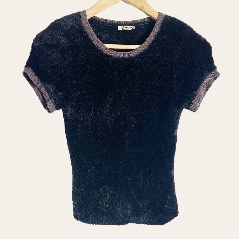 Free People Intimately Dark Purple Short Sleeve Crewneck Fuzzy Eyelash Shirt
